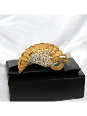 Vtg Fan Brooch Pin Gold Tone Silver Tone Pavé Rhinestone 2-1/4" Statement